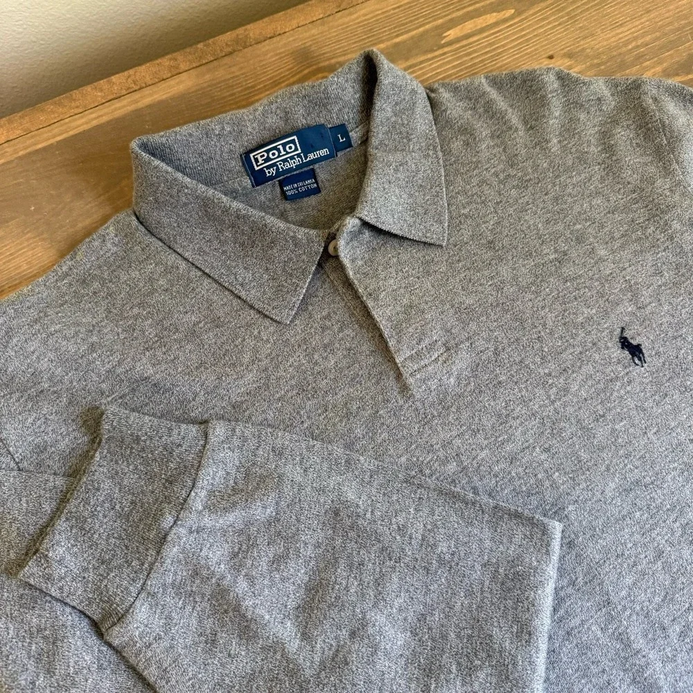 Polo By Ralph Lauren Mens Large Grey 100% Cotton Long Long Sleeve Polo Shirt